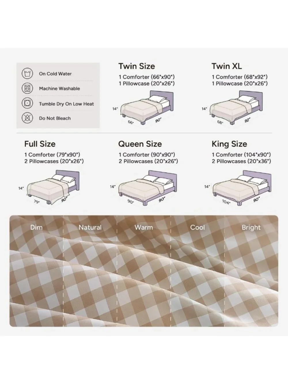 Cozy Tan Gingham Queen Comforter Set | Brown Checkered Plaid Bedding Essentials
